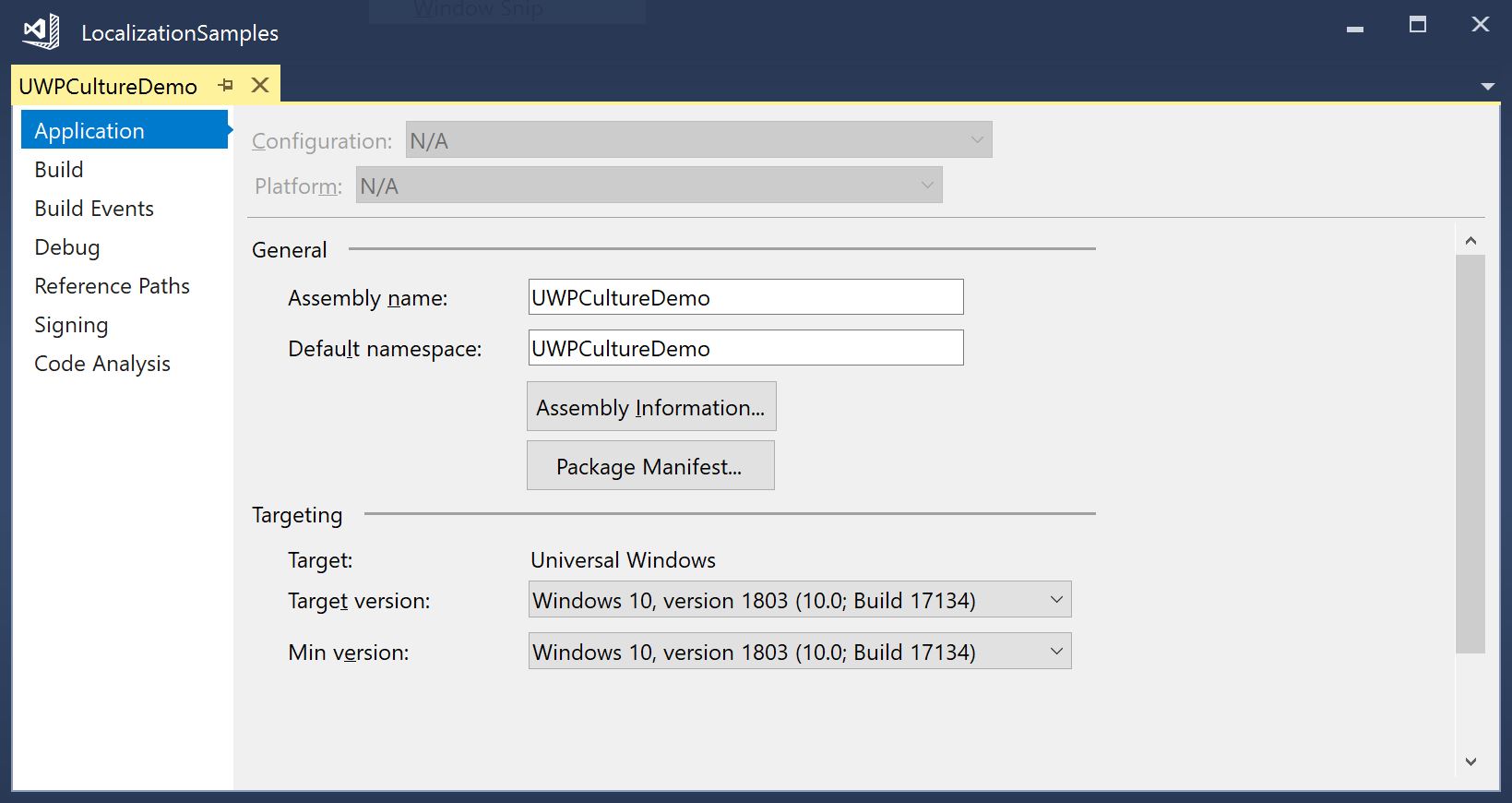 Project Settings - Windows 10 April 2018 Update