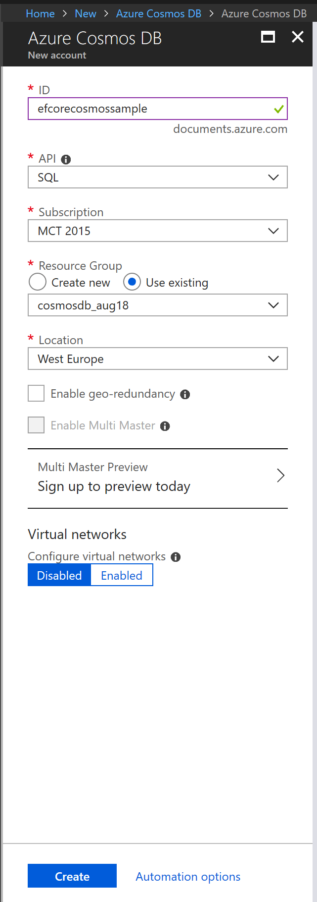 Create Azure Cosmos DB Account