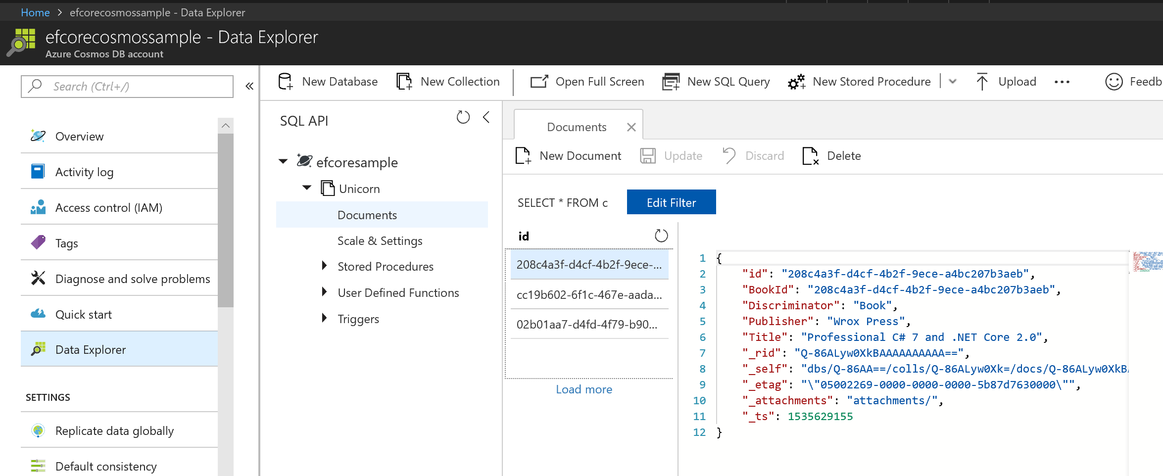 Azure Cosmos DB Data Explorer
