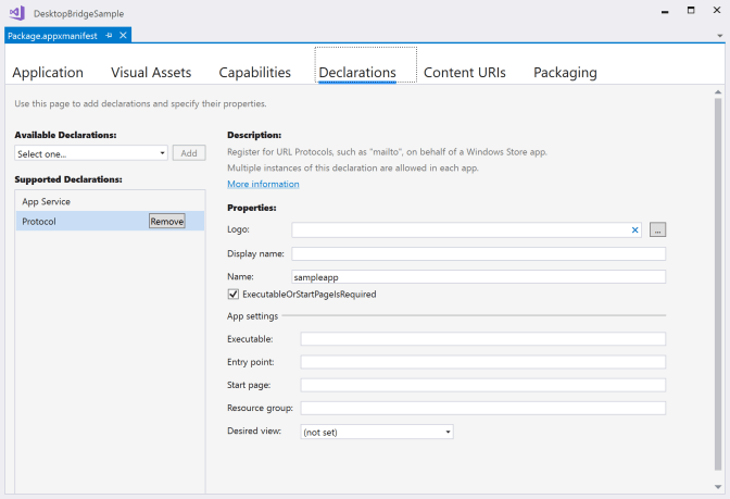 Declare the UWP app to be started via a protocol