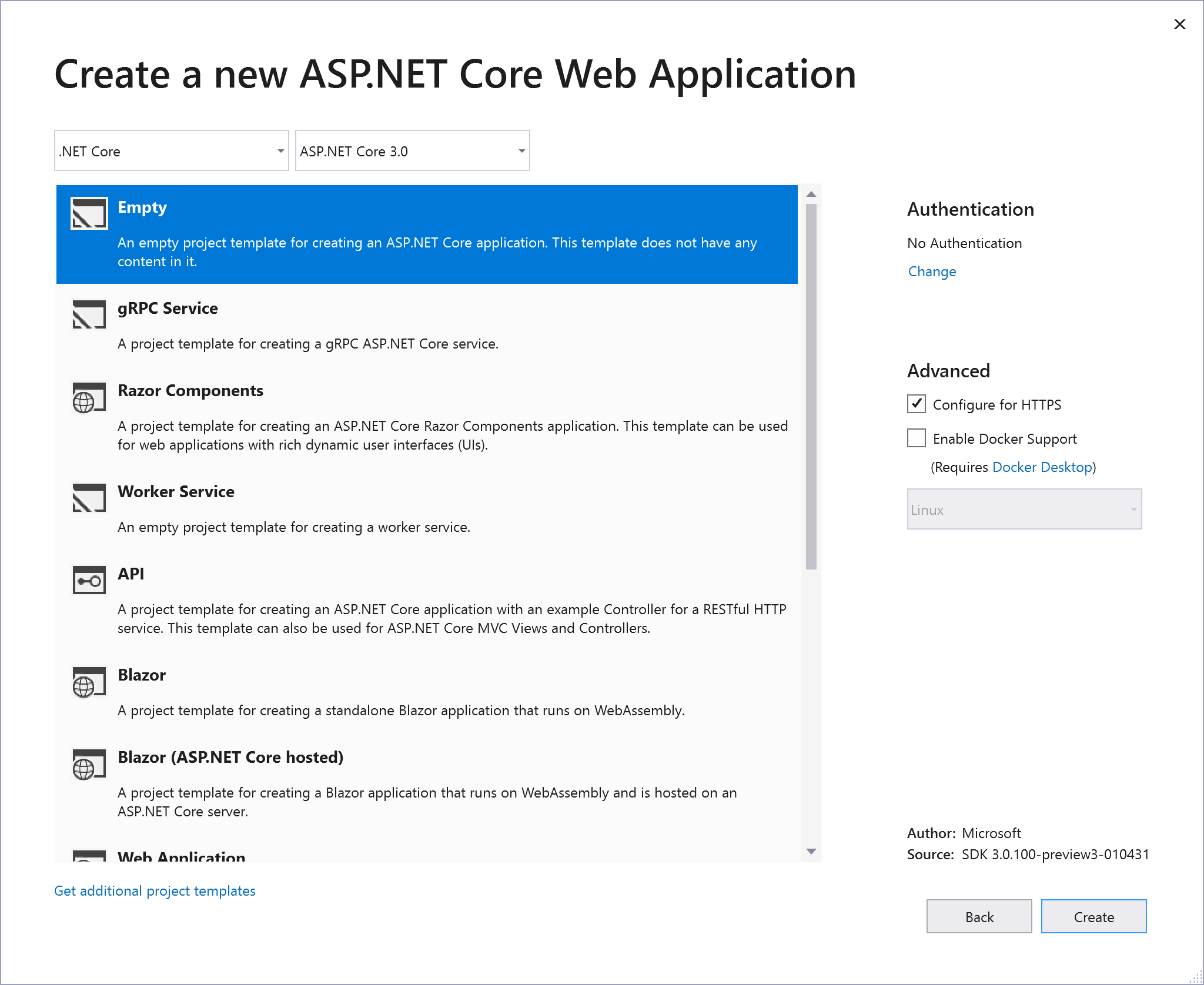 Selecting a Visual Studio 2019 Template