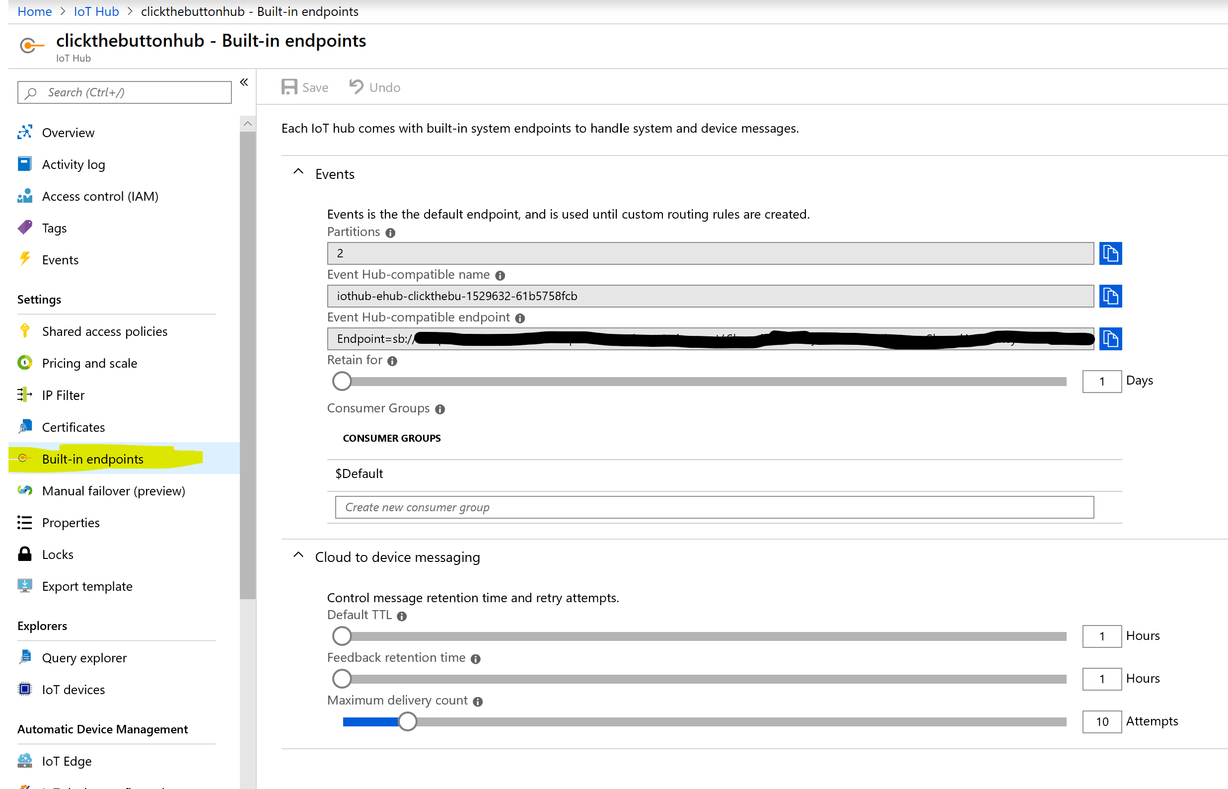 Endpoint configuration for the Service Bus Endpoint