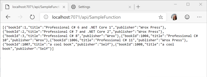 Books returned from the Azure Function