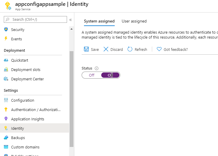 Create a Managed Identity with the App Service