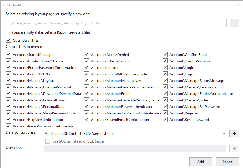 Scaffold Razor Pages for Identity