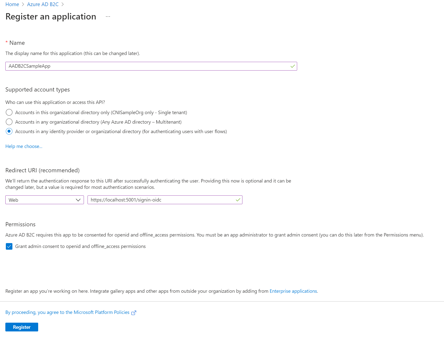 AADB2C Register Application