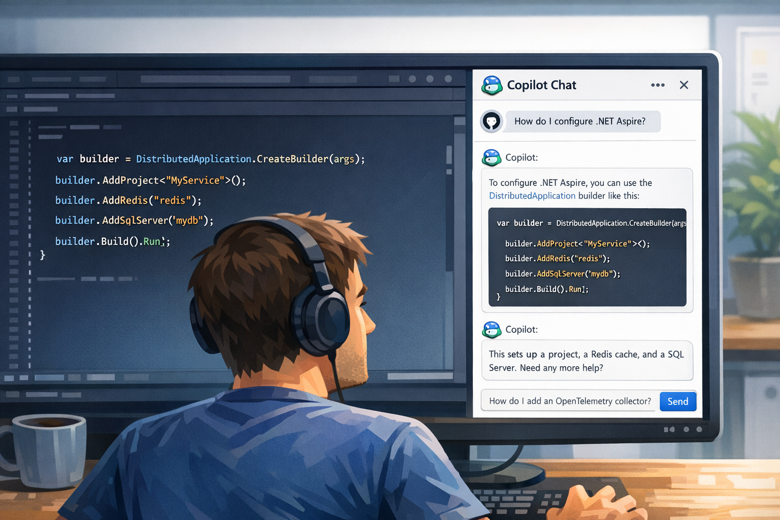 illustration showing GitHub Copilot Chat interface in a side panel with a conversation about Aspire configuration, showing code snippets and explanations, with developer reading the responses