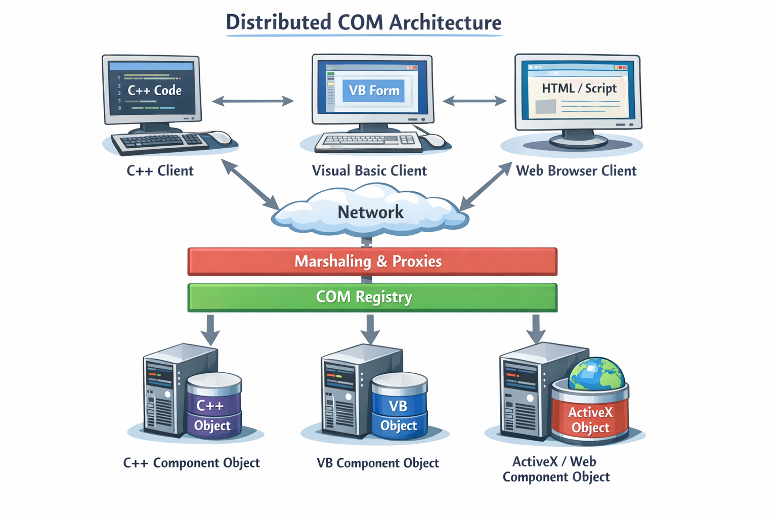 illustration showing distributed COM architecture with multiple computers connected via network, displaying component objects communicating between C++, Visual Basic, and web browser clients, with registry and marshaling layers visualized