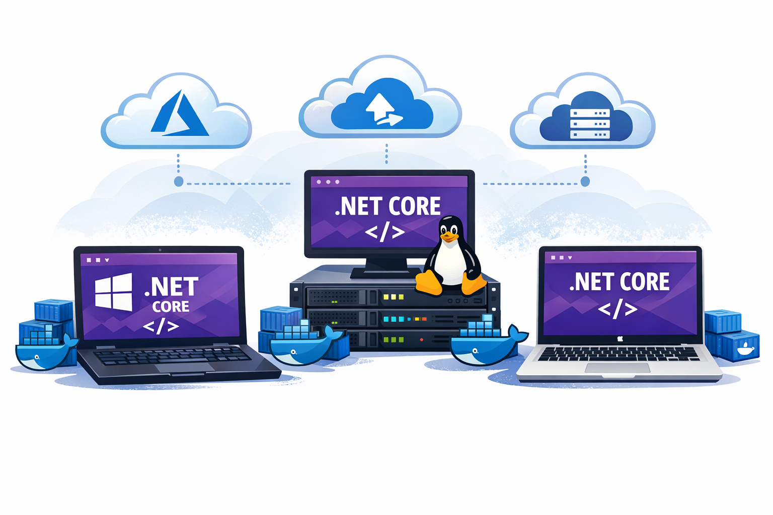 illustration showing .NET Core application running simultaneously on three platforms: Windows laptop, Linux server, and macOS laptop, with Docker containers and cloud icons representing Azure deployment