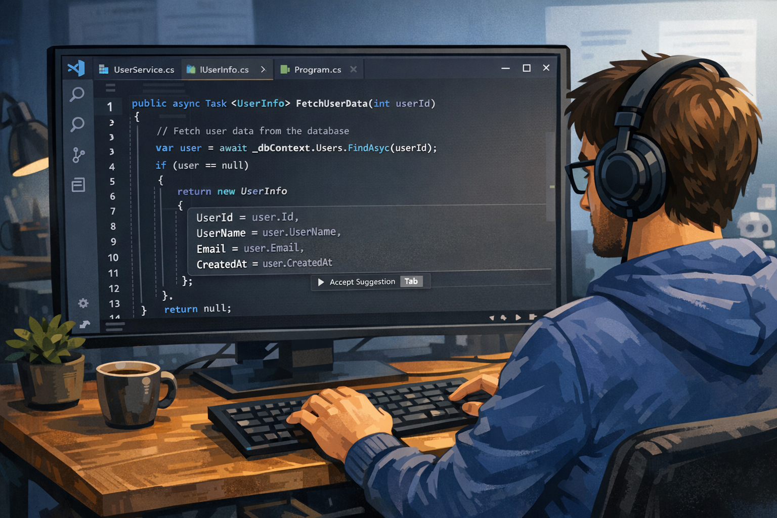 illustration showing a developer coding in Visual Studio with GitHub Copilot suggesting code completions in gray text, showing inline suggestions for a method implementation on a ultra-wide curved screen
