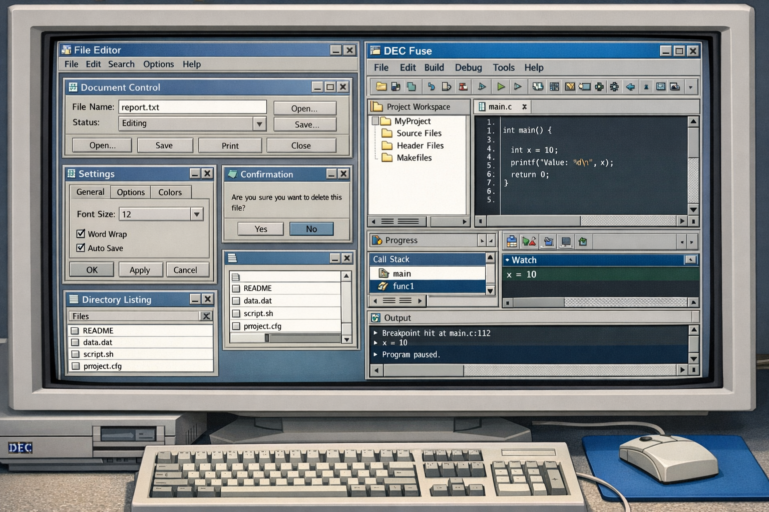 illustration showing a Unix workstation with X-Windows displaying a Motif application with multiple windows, menus, and dialog boxes, alongside the DEC Fuse IDE interface with project tree, code editor, and debugger windows