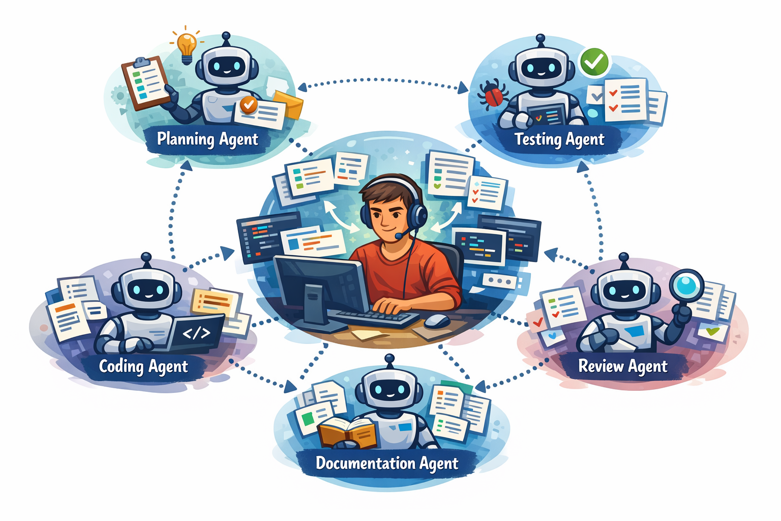 illustration showing a multi-agent AI system workflow with interconnected nodes representing Planning Agent, Coding Agent, Testing Agent, Review Agent, and Documentation Agent, all collaborating around a central developer, with code files and test results flowing between them