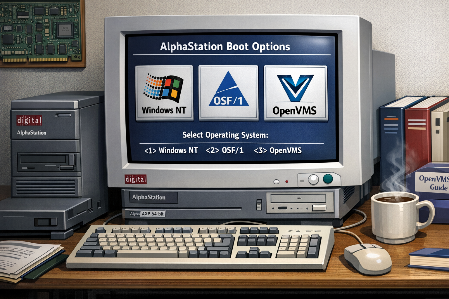 illustration showing a Digital Equipment AlphaStation workstation with three boot options displayed on screen: Windows NT, OSF/1, and OpenVMS, representing the multi-OS capability of the Alpha AXP architecture