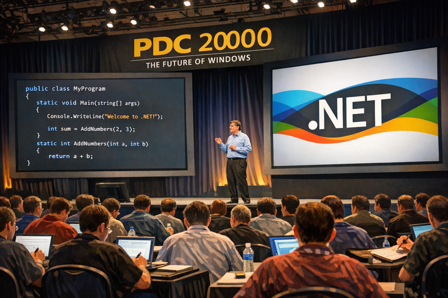 illustration showing the PDC 2000 conference keynote with Bill Gates on stage presenting .NET Framework, large screens showing C# code and the new .NET logo, audience of developers taking notes