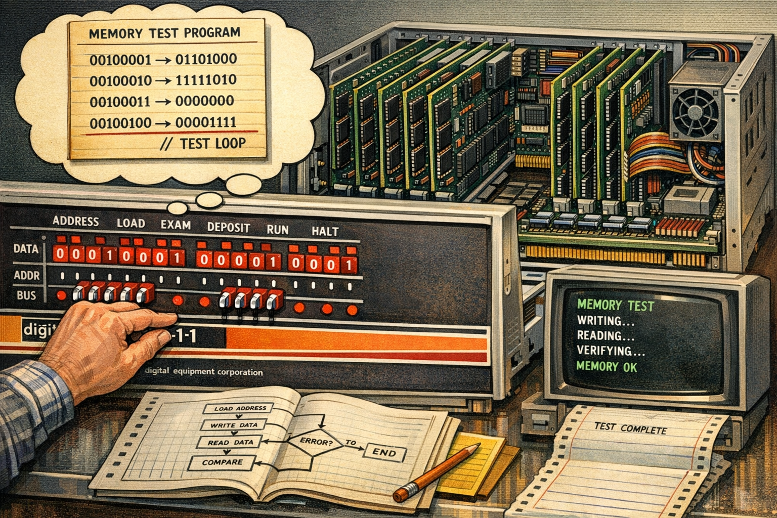 illustration showing an open PDP 11 system where a toggle switches are used to enter a program binary to test the memory