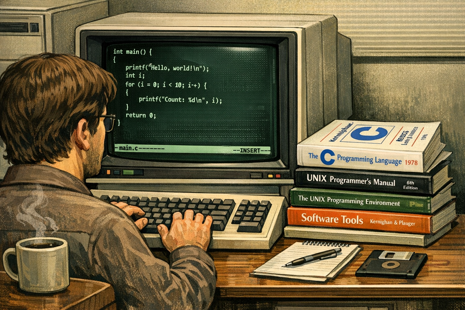 illustration showing a developer working on a Unix workstation with a monochrome monitor, displaying vi editor with C code, and a stack of books: K&R — The C Programming Language (1978), UNIX Programmer’s Manual (6th or 7th Edition), The UNIX Programming Environment (Kernighan & Pike), Software Tools (Kernighan & Plauger) on the desk