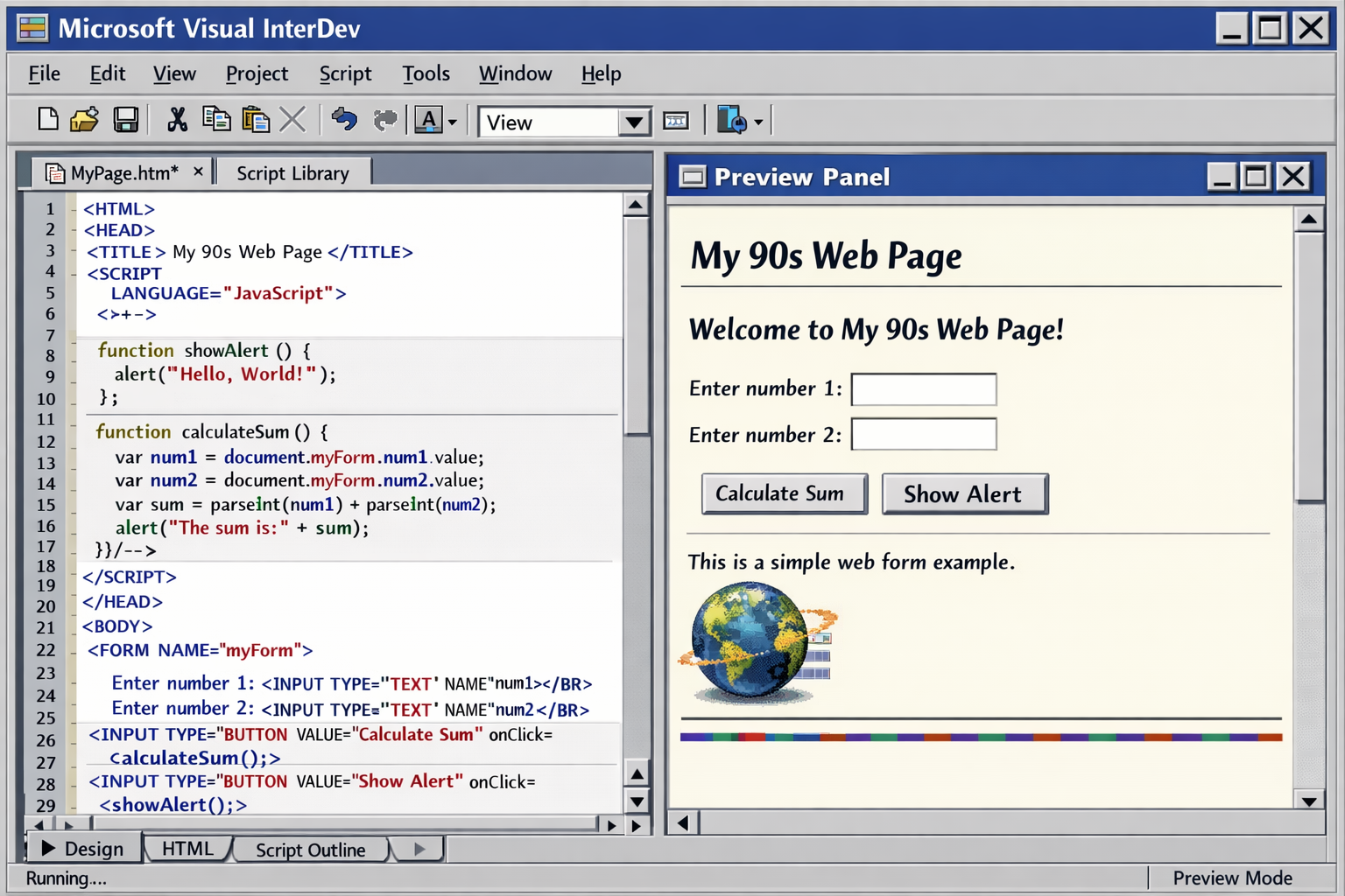 illustration showing Visual InterDev IDE with HTML code, early JavaScript, and a split view showing both code editor and web page preview with basic forms and buttons typical of 1990s web design