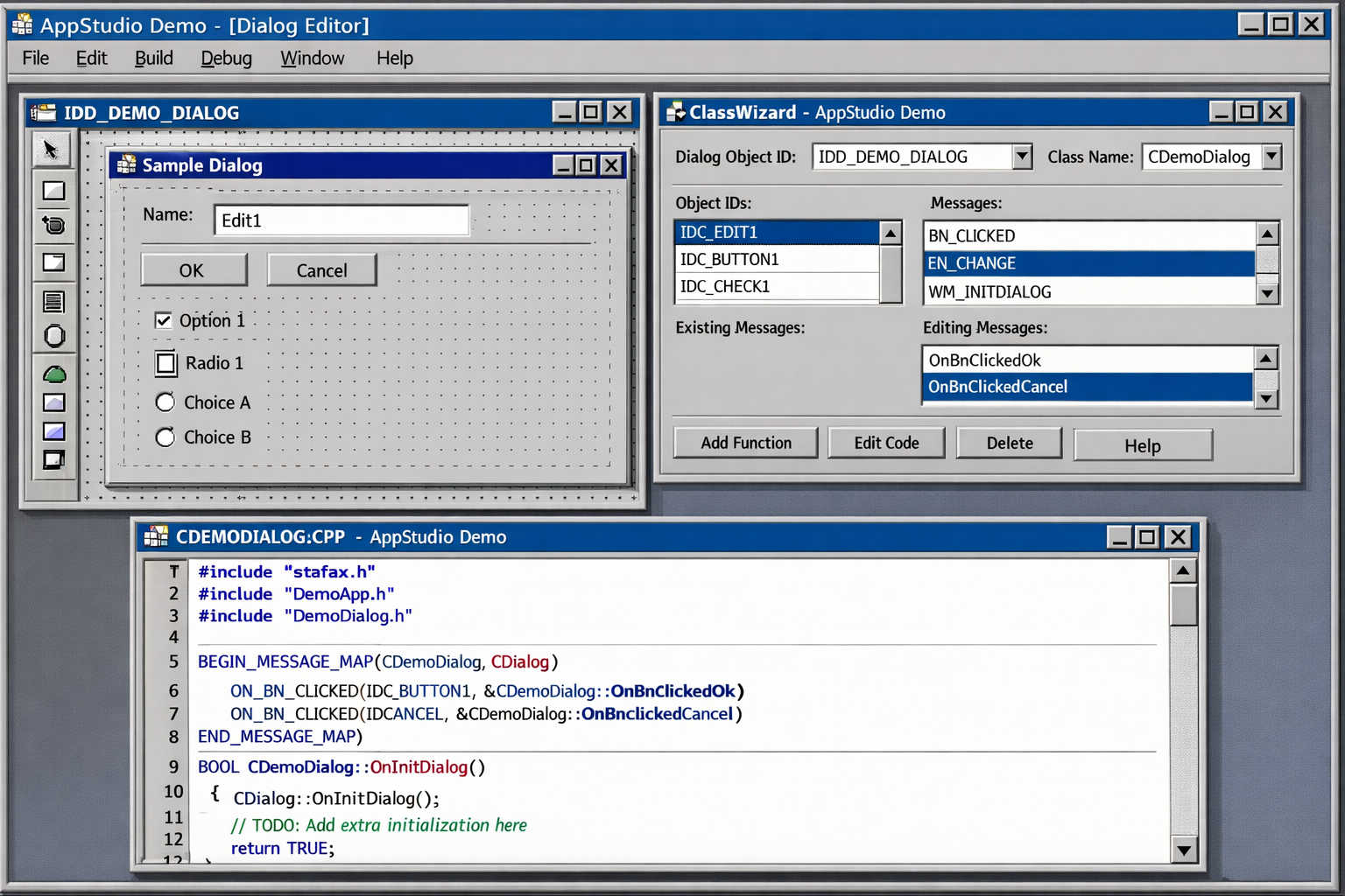 illustration showing Visual C++ 1.5 IDE on Windows NT 3.1 with an MFC application designer, showing a dialog editor with buttons and controls, class wizard window, and C++ code editor with MFC framework code
