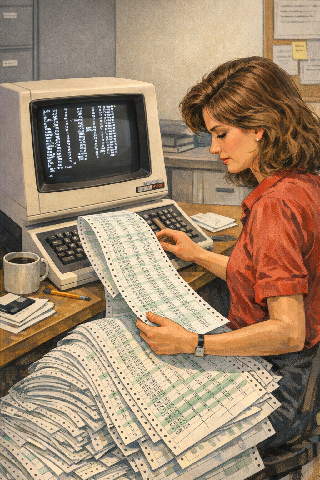illustration of a woman with a large pack of continuous-form-paper with data entering it into a VT100 terminal from Digital Equipment