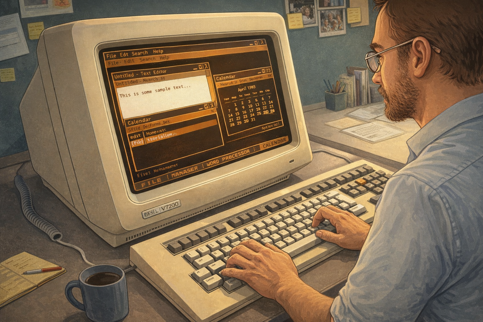 illustration showing a developer working on a VT200 terminal from Digital Equipment programming a DECForms application. The DECForms application should simulate Windows in a text-based form