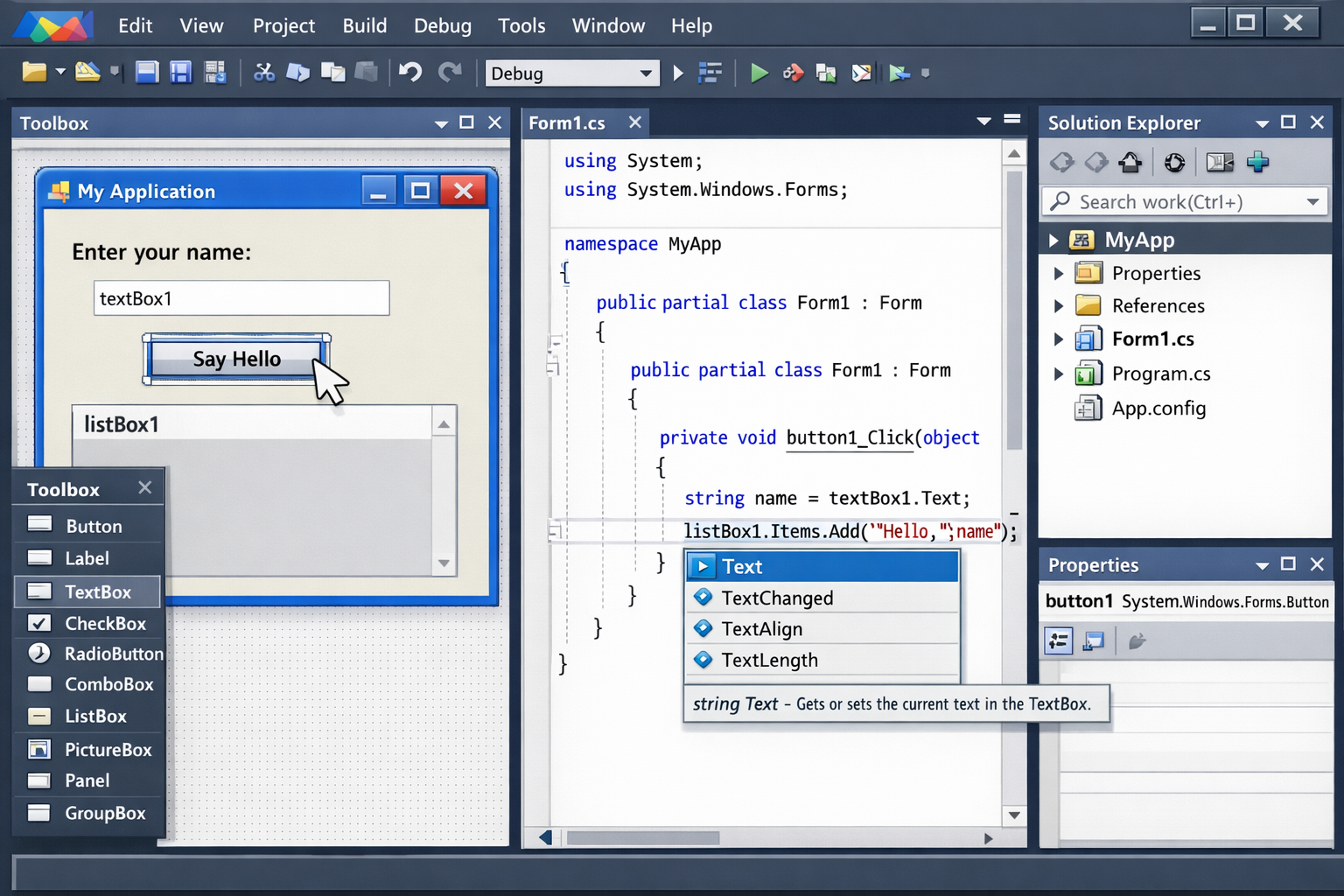 illustration showing Visual Studio .NET IDE with split screen: Windows Forms designer with drag-and-drop controls on left, C# code with IntelliSense on right, and solution explorer showing project structure